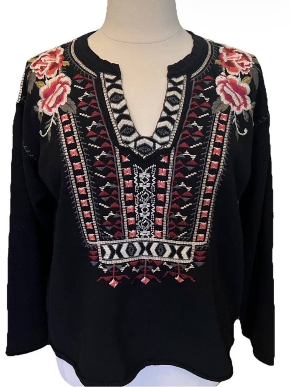 Johnny Was Black Embroidered Floral Top